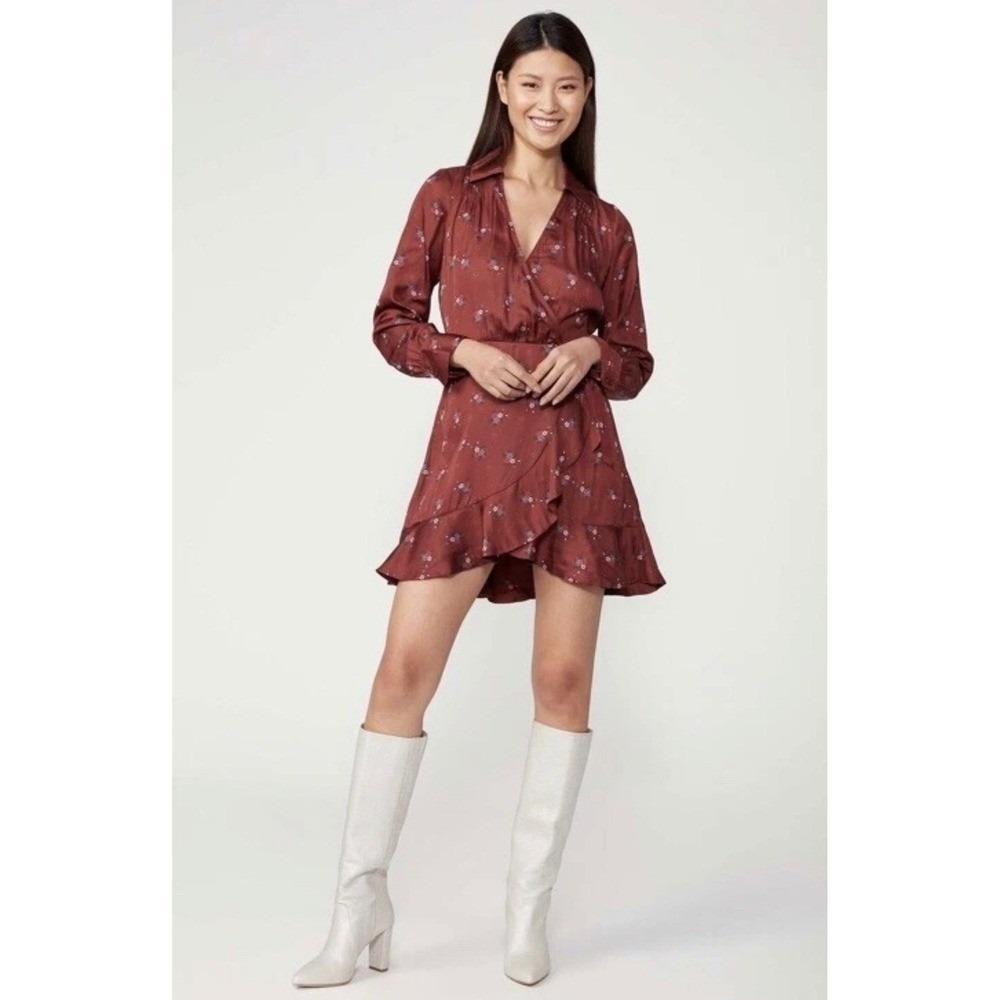 PAIGE Women's Red Floral Print Wrap Shirt Dress Long Sleeve Ruffle Hem Size S